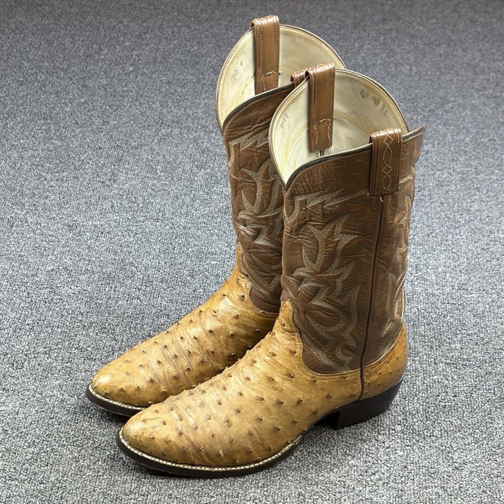 Tony Lama El Rey Full Quill Ostrich Cowboy Boots Mens 9D Tan Brown Western Vtg‎